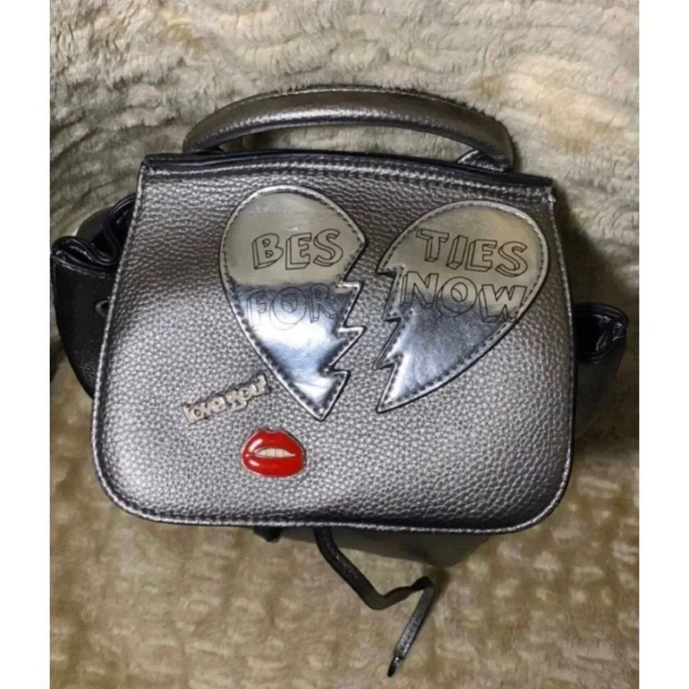 Icing Silver Grey Pins & Patches Casual Faux Leather Mini Backpack Bag NEW
